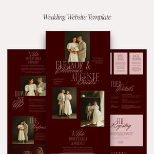 May include: A wedding website template with a burgundy and cream color scheme. The design includes photos of a couple, text that reads "Eleanor & Delacroix Auguste Banks", and sections for details, registry, and family notes.