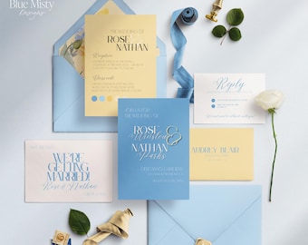 Modern Trendy Wedding Invitation Template, Pastel Blue Yellow Garden Beach Invite, Light Soft Style, Editable Canva, Instant Download