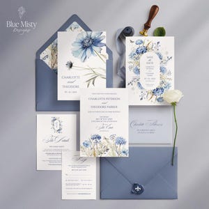 Wedding Invitation Suite, Dusty Blue Wedding, Floral Wedding Invite, Canva Template, Elegant Invitation, Blue Wedding Invitation Set, INW5