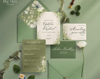 Sage Green Wedding Invitation Template – Editable Canva Invitation Set, Modern Green Theme for Elegant and Luxury Weddings