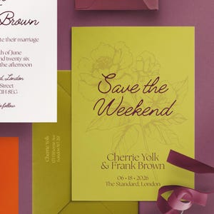 May include: A lime green wedding invitation with the text "Save the Weekend" in a cursive font. The invitation includes the names Cherrie Yolk & Frank Brown, date, and location. A floral design is visible in the background.