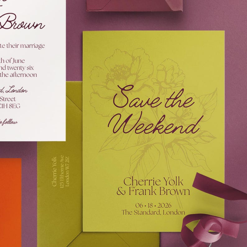 May include: A lime green wedding invitation with the text "Save the Weekend" in a cursive font. The invitation includes the names Cherrie Yolk & Frank Brown, date, and location. A floral design is visible in the background.