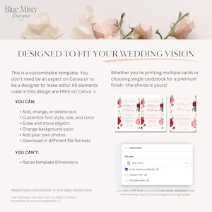 May include: A customizable wedding invitation template with floral designs. The template allows users to edit text, font styles, and colours. The image includes the text "Designed to Fit Your Wedding Vision". Users can download in PDF format with crop marks.