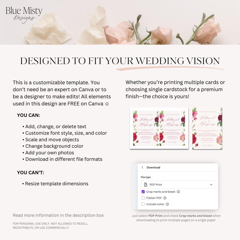 May include: A customizable wedding invitation template with floral designs. The template allows users to edit text, font styles, and colours. The image includes the text "Designed to Fit Your Wedding Vision". Users can download in PDF format with crop marks.