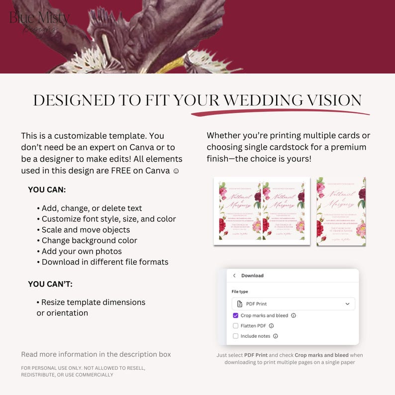 May include: A wedding template design with text that reads "DESIGNED TO FIT YOUR WEDDING VISION". The template is customizable and includes options to add, change, or delete text, customize font style, and change the background color.