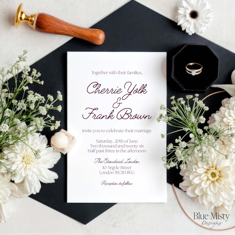 May include: A wedding invitation featuring the names Cherrie Yolk and Frank Brown, with white flowers and a black envelope. A gold ring in a black box and a wax seal are also visible. The invitation includes the date, time, and London venue.