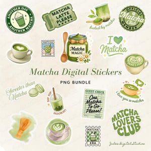 May include: A collection of digital stickers with a matcha theme. The stickers feature matcha drinks, teacups, and phrases like "Matcha Magic" and "I Love Matcha." The stickers are in shades of green and white.
