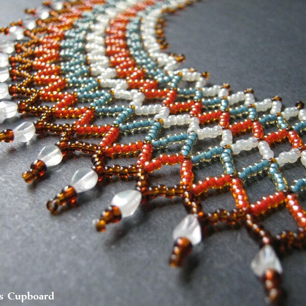 Sunrise Collar. Handmade Beaded Egyptian Necklace in Orange, Brown, and Turquoise