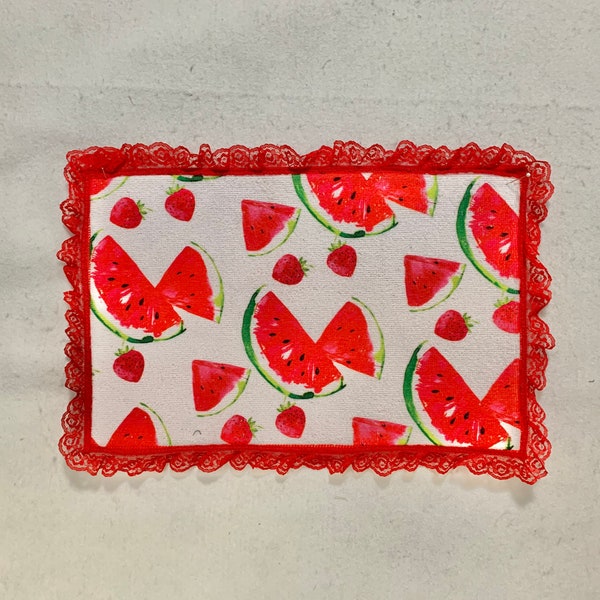 Red Watermelon Dish Drying Mat, Lace Embellished, Counter Dish Mat.