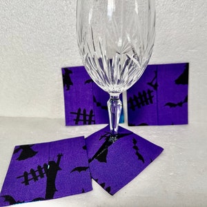 4 Wine Glass Coasters, Halloween, Dark Purple, Bats , Picket Fences, Handmade, Cotton Fabric