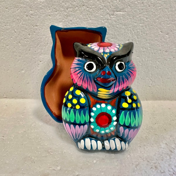 OWL Trinket Box, Mexican Talavera , Handmade 4 “tall-3” wide 2” deep.