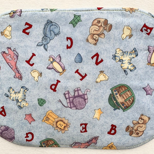 Kids placemat, Child Placemat, Toddler Placemat, Cotton Fabric Placemat, Reversible, Snack Mat, Blue, Toys and Animals.