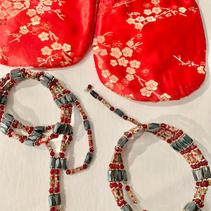 2 Red Crystal Bracelet Necklace, Magnetic Hermatite, Cloisonné Beads, Vintage, Chinese Silk Bags Included.