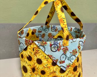 Ultimate Shopping Tote, Standable, Foldable, Fold Over Handles, Sunflowers, Bicycles,  Cotton Fabric. 10' x 10' x 10' Inches