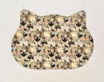 Mantel individual con forma de cara de gato y gatos con gafas, tapete para gatitos, reversible, tela de algodón
