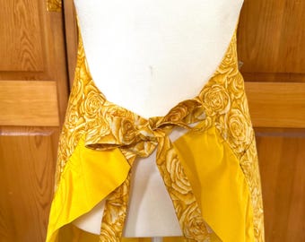 Delantal de mujer con volantes y estampado de rosas amarillas, tejido de algodón, forrado, talla L/XL.