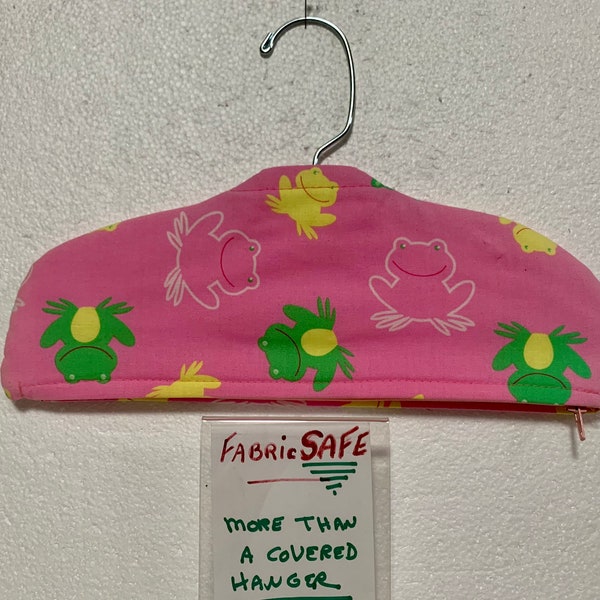 Kids Zippered Hanger Cover, Money and Jewelry Safe, Padded Hanger Cover with Secret Storage. Pink with Cute Frog Fabric. Hanger Included.