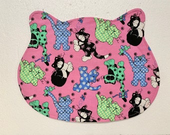 Cat Placemat, Pink, Cat Face Shape Placemat, Reversible, Flannel Fabric, Cat Feeding Station, Kitten Placemat.