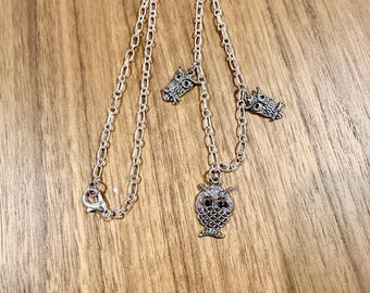 Owl Necklace, 18 inch,  Gold Tone, Lobster Claw Clasp,  3 Stationary Charms on the chain .
