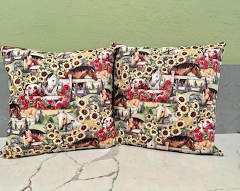 Fundas de almohada con estampado de caballo y girasol, tela de algodón, 35,5 cm (14 pulgadas), lavables, estilo sobre. Juego de 2.