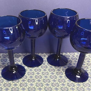Set of Four Tall Cobalt Blue Wine Glasses