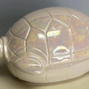 May include: A pearlescent ceramic turtle figurine. The turtle has a detailed shell with geometric patterns and a smooth, rounded body. The iridescent finish reflects a range of colors, adding a decorative touch to this home decor item.