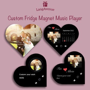 May include: A collection of heart-shaped custom fridge magnet music players. Each black magnet features a photo, with some including a calendar, names, and the text "Custom your wish HERE". The text "Custom Fridge Magnet Music Player" is displayed.