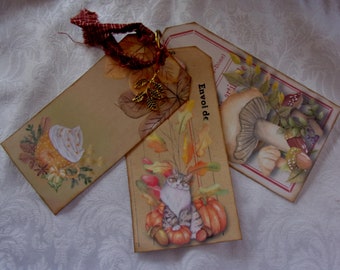 Autumn Fall 3 Tag Set with Leaf Charm and Gingham Tie Handmade Embellished for Junk Journals Scrapbooks Ephemera Gift Tags