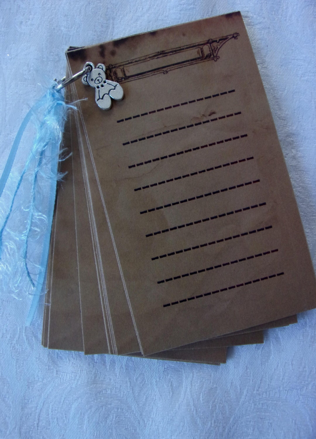 Teddy Bear Charm Mini Notepad Handmade Brown Kraft Papers Blue Ribbons Junk Journals Scrapbooks
