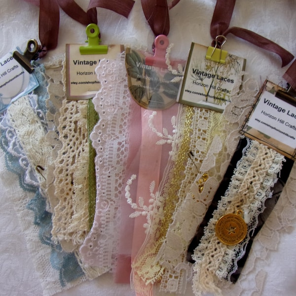 Vintage Lace Sample Packs for Junk Journals Scrapbooks Fabric Flips Vintage Ephemera Tags Pages Colors Charms Buttons