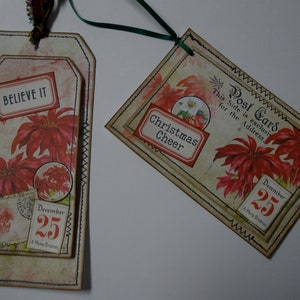 Junk Journal Poinsettia Christmas Postcard & Stacked Tag Set for Journals Scrapbooks Ephemera Embellishments
