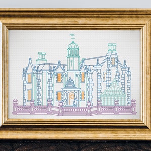 Haunted House Mansion castle cross stitch, ghosts hitch hiking, FIVE PATTERNS/variations, black work backstitch, digital pdf pattern, fanart