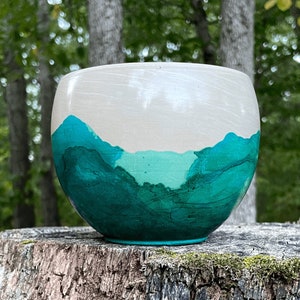 Round Teal Green 4.75" | 6.5" | 7.75" marbled rainforest watercolor alcohol ink planter pots for house plants, terra-cotta, swirl, granite