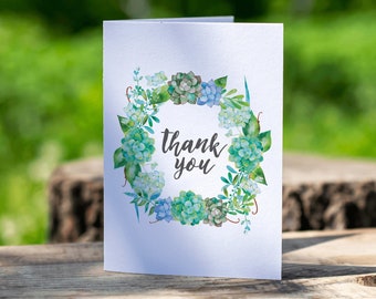 Thank you cards with succulent wreath | blank greeting card set stationary wedding gift thanks