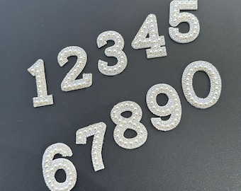 1.8&quot; White Pearl Rhinestone Number Patches Sew On, Glue On Patches