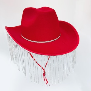 Red Cowboy hat Cowgirl Hat with rhinestone Fringe  for women men teen Felt Western Country party Made to order