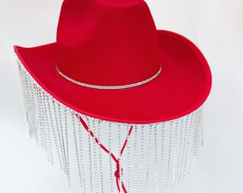 Red Cowboy hat Cowgirl Hat with rhinestone Fringe  for women men teen Felt Western Country party Made to order