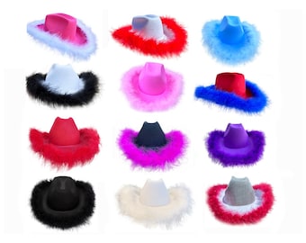 Custom cowboy hat with Fluffy Feather Boa, Personalized Cowgirl Hat, Unique Cowboy Hat, Customized Felt  Western Country Hat  Made to order