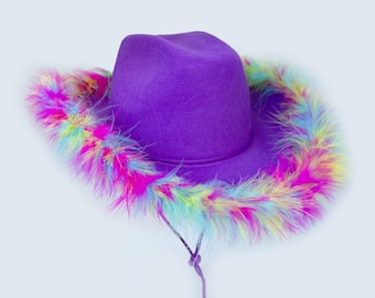 Custom Purple Cowboy Hat with Rainbow feather Boa Western Cowgirl Hat with Chin Strap. Bachelorette Party Birthday Wedding Concert,Nashville