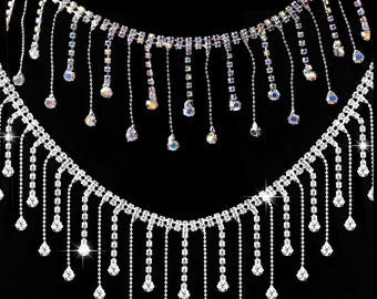 Rhinestone fringe trim, Silver crystal Rhinestone Tassel chain, Diamond Fringe,clear AB crystal Drop Trim