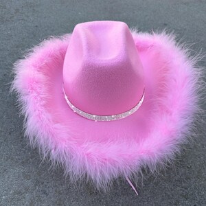 Pink Felt Cowboy Hat with Feather Boa Trim & Rhinestone band for Women Man, Glam Western Party Hat, Custom made