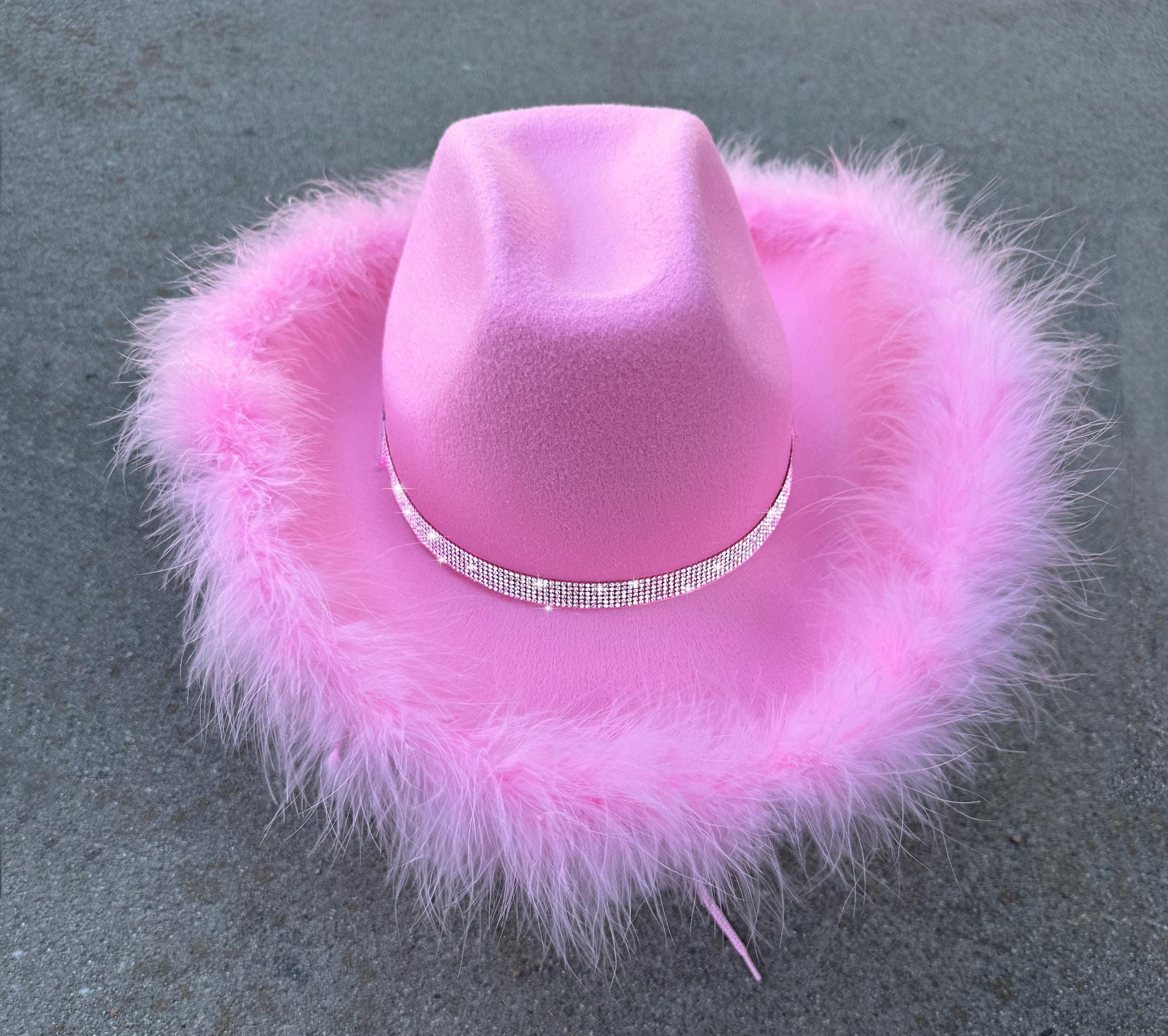 Pink Felt Cowboy Hat With Feather Boa Trim & Rhinestone Band  display picture 1