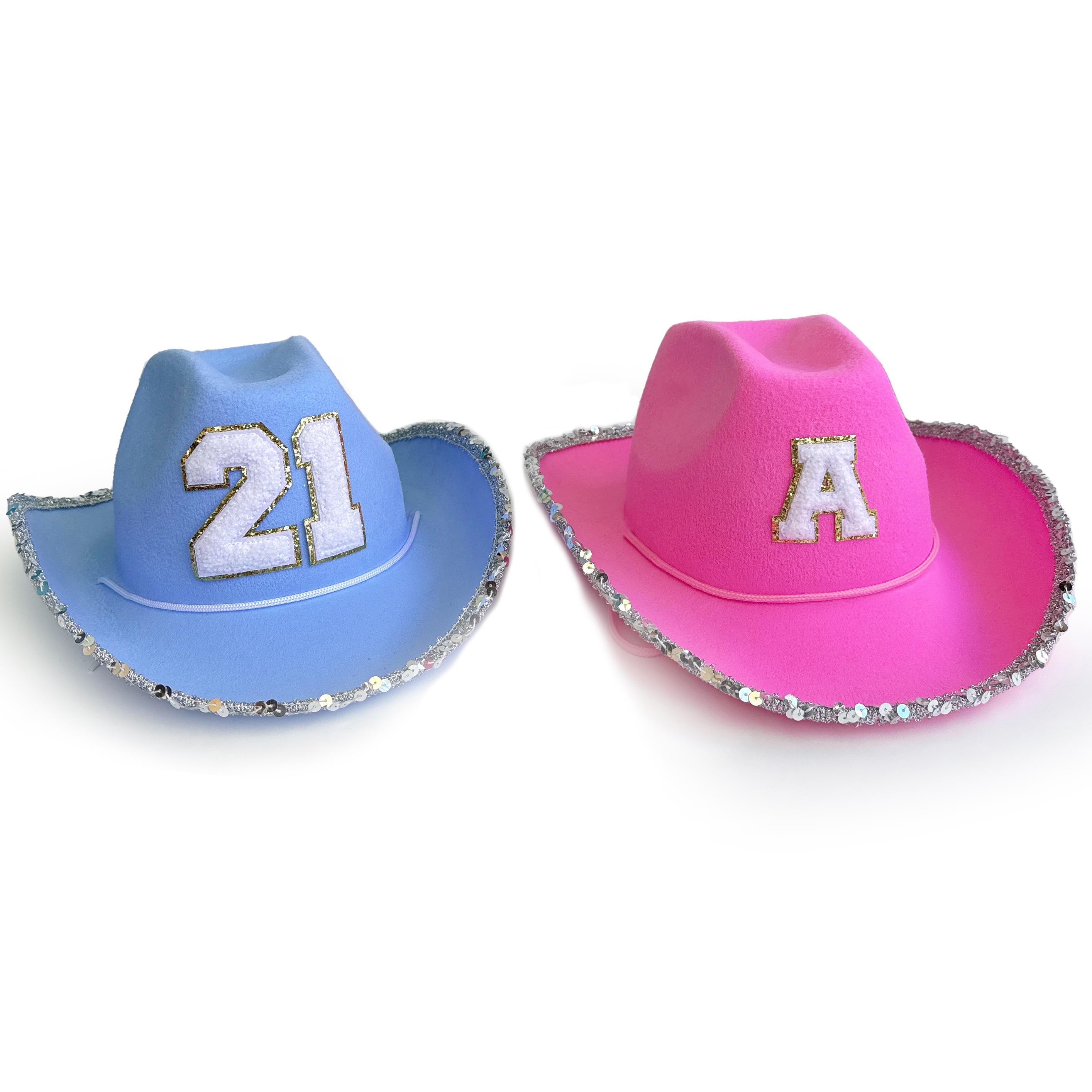 Custom 21st Birthday Pink Blue Cowboy Cowgirl Hat Sequins 