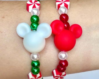 Christmas Mickey Head Peppermint Disney Inspired Candy Cane Bracelets for Disney World or Disneyland Disney Parks Christmas Disney Bracelet