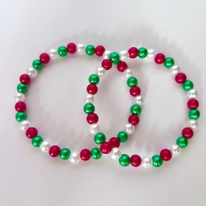 Christmas Beaded Stackable Bracelets Red and Green Bracelets for Stacking. Christmas Gift Bracelet for Kids or Adults