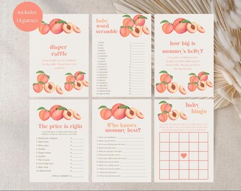 May include: A set of baby shower games with peach illustrations. The games include a diaper raffle, word scramble, and baby bingo. The text includes "Includes 14 games".