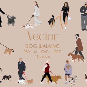 Peut inclure: Une illustration de 11 personnes promenant leurs chiens. Les personnes sont habillées dans différents styles et les chiens sont de races différentes. L'illustration est au format vectoriel et est disponible aux formats PSD, AI, PNG et JPEG.