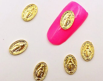 10pcs/bag Japan New 3D Nail Art Decoration Metal Nail Sticker Gold Silver Kawaii Mini Oval Jesus DIY Charm Nail Tools