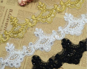 Delicate 2Yards Glitter Gold Wedding Dress Sequins Lace Applique Gold Thread Guipure Gold Lace Trim Accessories 6.5cm