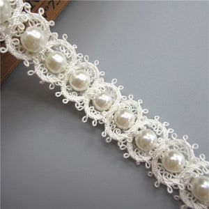 1 yard 2.5cm Width Ivory Faux Pearl Beaded Nylon Embroidered Lace Trim Ribbon Fabric Handmade DIY Garment Sewing Craft Decoration